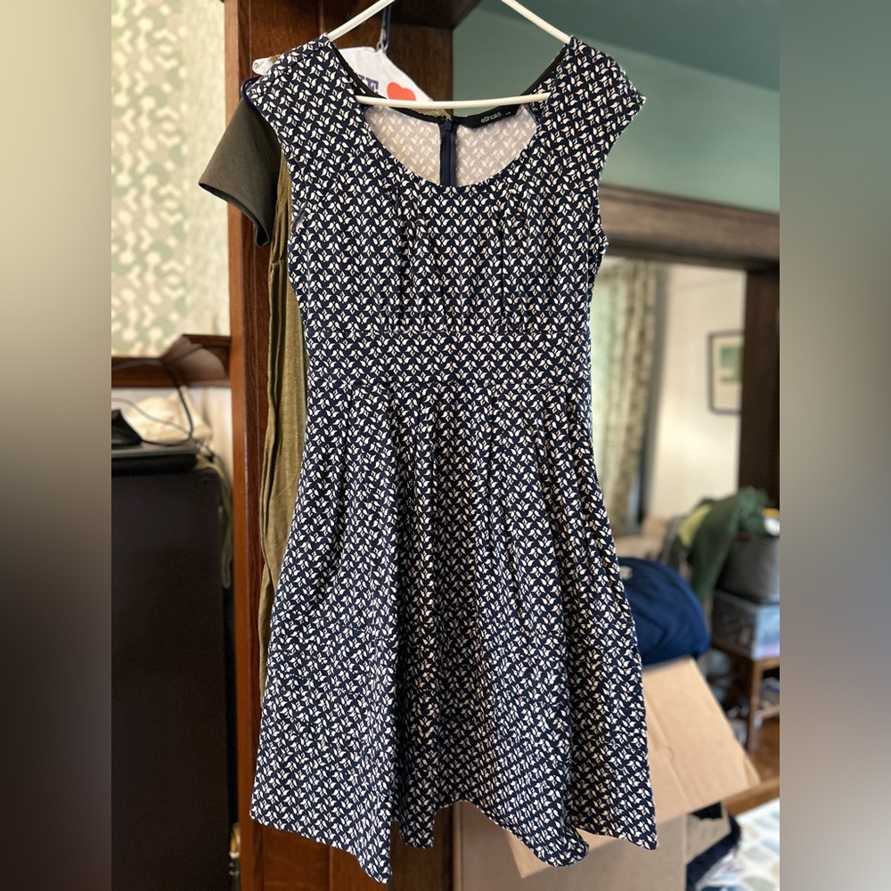 eShakti navy and white patterned cotton spandex dress